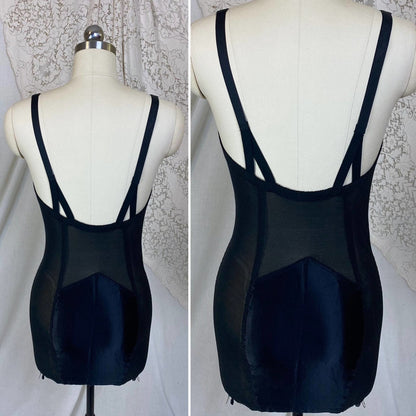 Vintage 1950's All in One Girdle | Black Mesh with Floral Lace over Nude Illusion | Size 38 C, 36 D | Wonder Span by Charmode - Daggers & Dames