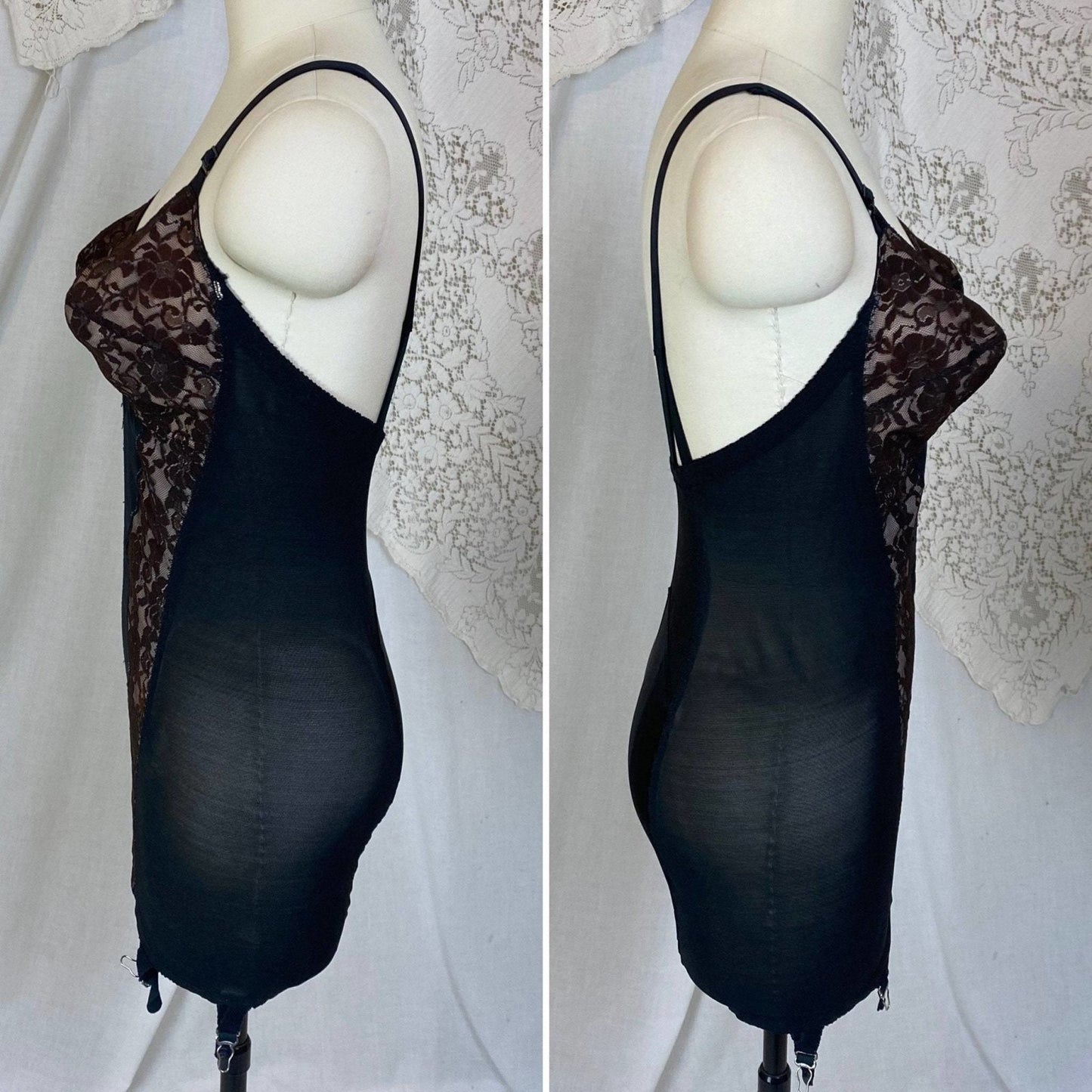 Vintage 1950's All in One Girdle | Black Mesh with Floral Lace over Nude Illusion | Size 38 C, 36 D | Wonder Span by Charmode - Daggers & Dames