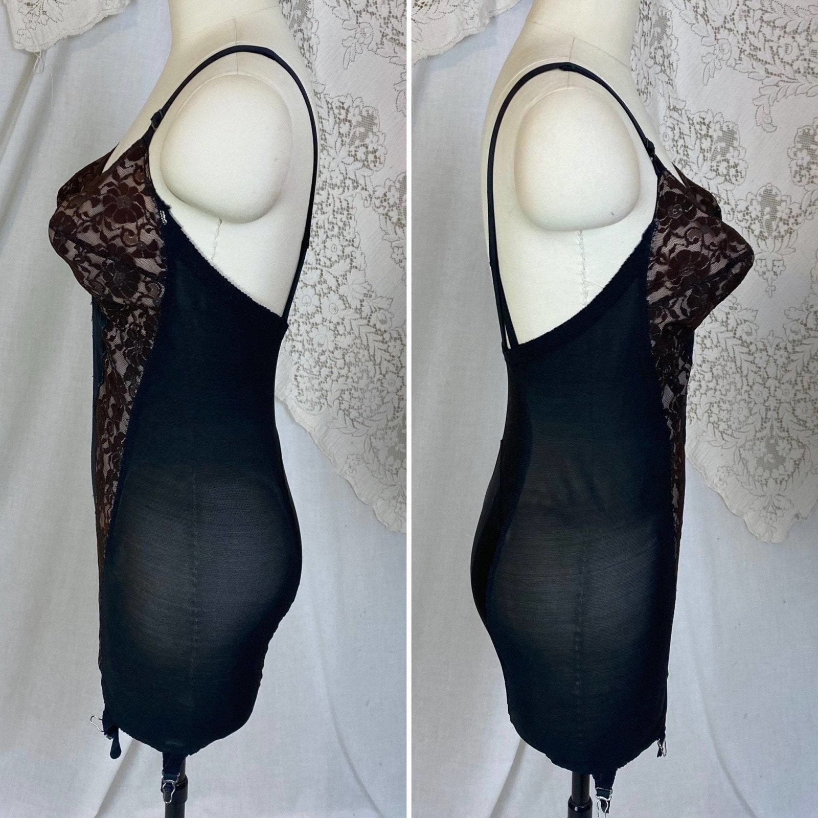 Vintage 1950's All in One Girdle | Black Mesh with Floral Lace over Nude Illusion | Size 38 C, 36 D | Wonder Span by Charmode - Daggers & Dames