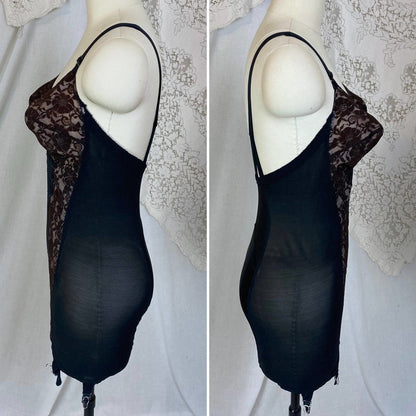 Vintage 1950's All in One Girdle | Black Mesh with Floral Lace over Nude Illusion | Size 38 C, 36 D | Wonder Span by Charmode - Daggers & Dames