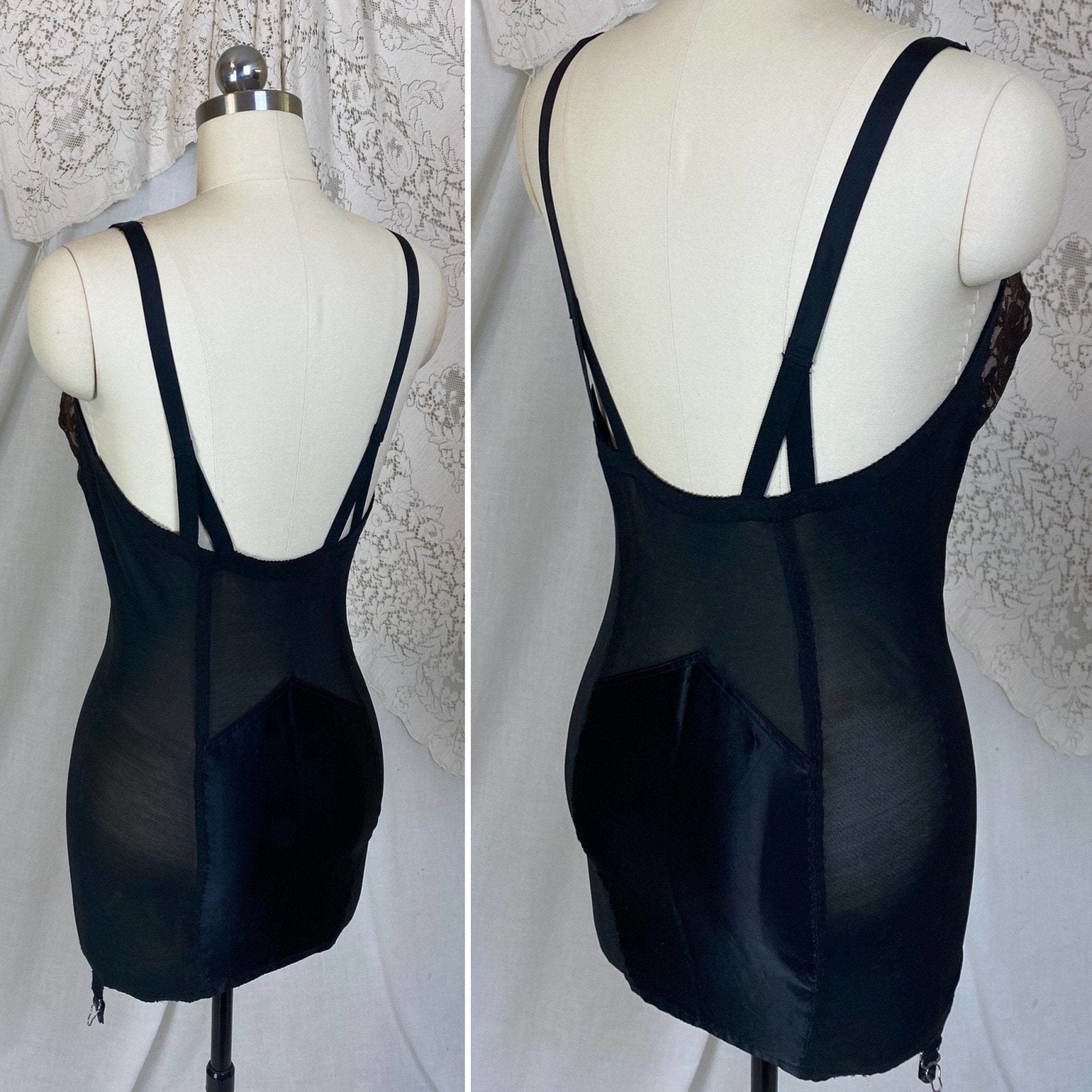 Vintage 1950's All in One Girdle | Black Mesh with Floral Lace over Nude Illusion | Size 38 C, 36 D | Wonder Span by Charmode - Daggers & Dames