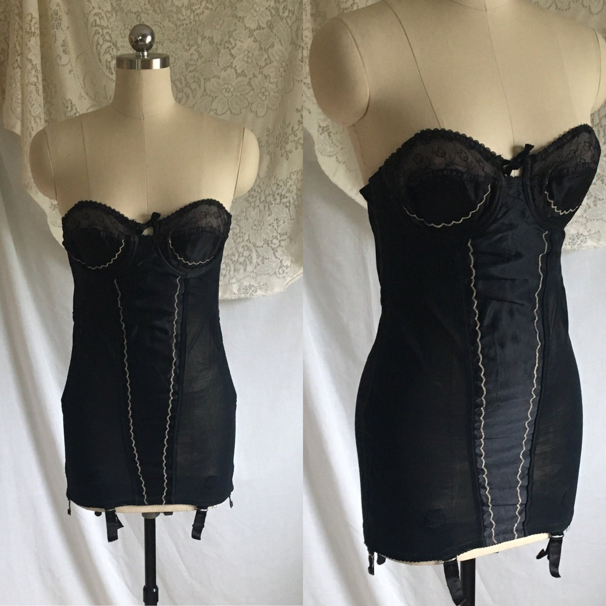 Vintage 1950's All in One Girdle | Black Rayon Satin with Mesh Elastic & Embroidery | The Shape by Scandale | Size M - Daggers & Dames