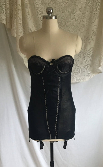 Vintage 1950's All in One Girdle | Black Rayon Satin with Mesh Elastic & Embroidery | The Shape by Scandale | Size M - Daggers & Dames