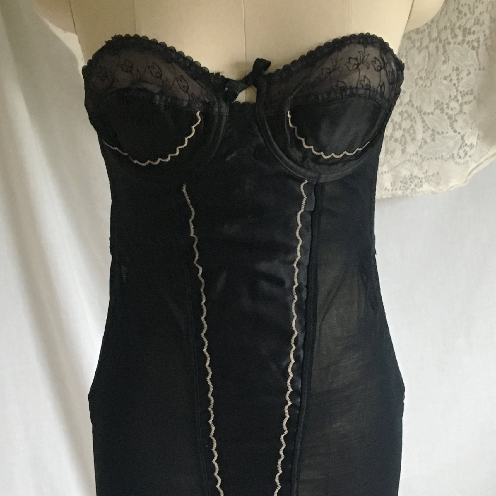 Vintage 1950's All in One Girdle | Black Rayon Satin with Mesh Elastic & Embroidery | The Shape by Scandale | Size M - Daggers & Dames