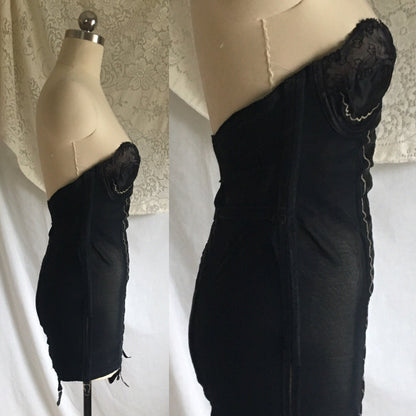Vintage 1950's All in One Girdle | Black Rayon Satin with Mesh Elastic & Embroidery | The Shape by Scandale | Size M - Daggers & Dames