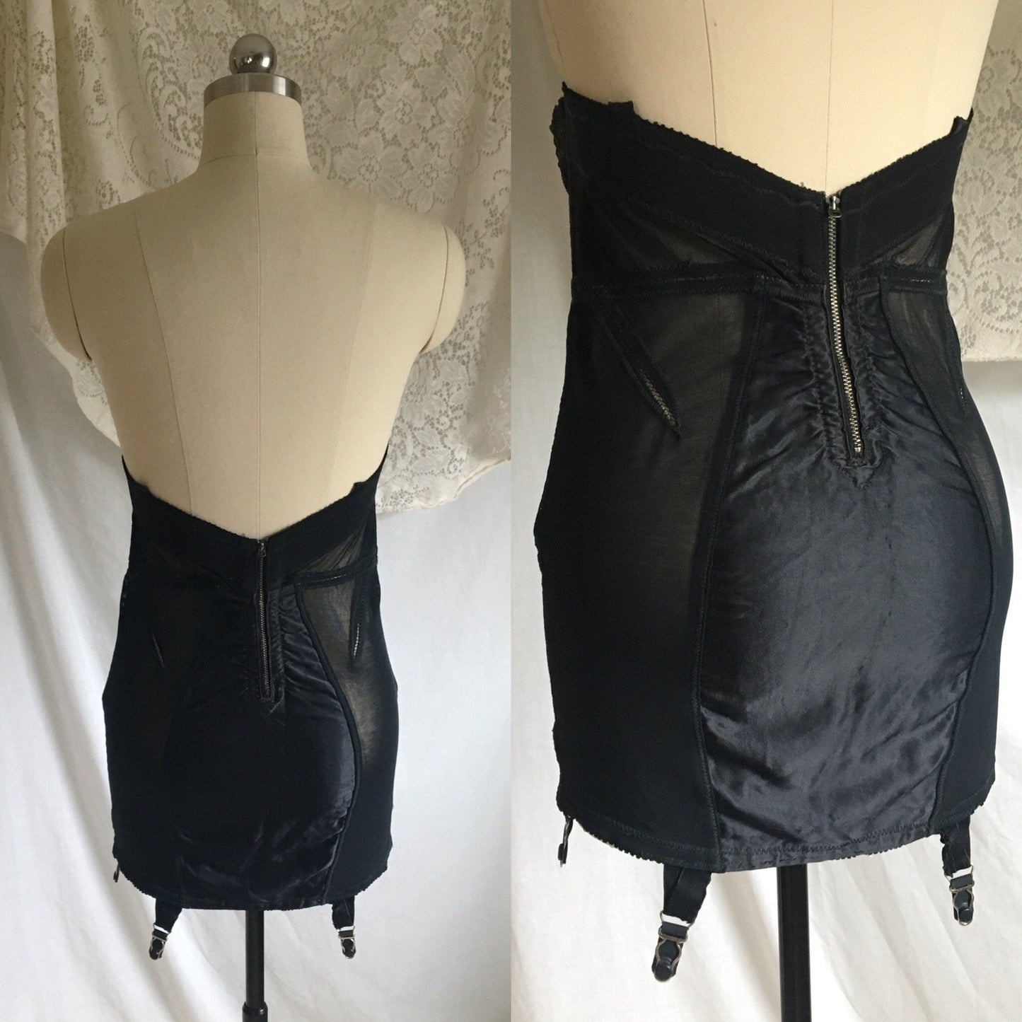 Vintage 1950's All in One Girdle | Black Rayon Satin with Mesh Elastic & Embroidery | The Shape by Scandale | Size M - Daggers & Dames
