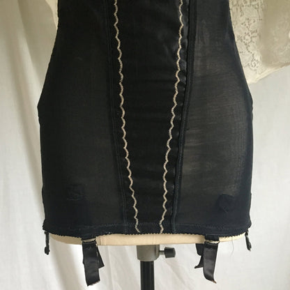 Vintage 1950's All in One Girdle | Black Rayon Satin with Mesh Elastic & Embroidery | The Shape by Scandale | Size M - Daggers & Dames