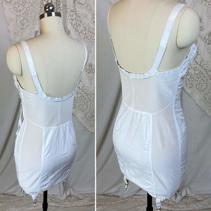 Vintage 1950's All in One Girdle | Bright White Embroidered Nylon Taffeta with Elastic Mesh & Lace | Size 34 C, 36 B | Life by Formfit - Daggers & Dames