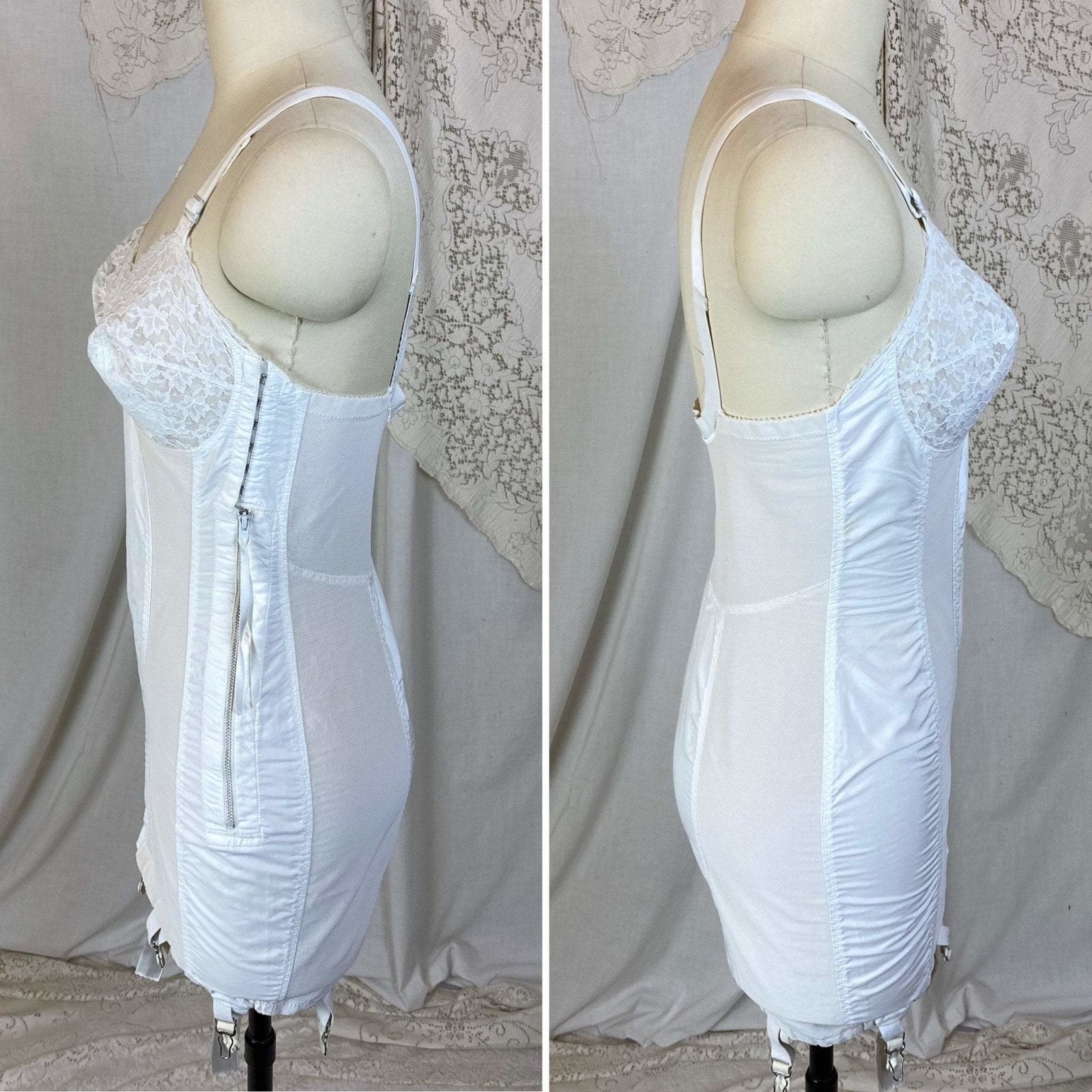 Vintage 1950's All in One Girdle | Bright White Embroidered Nylon Taffeta with Elastic Mesh & Lace | Size 34 C, 36 B | Life by Formfit - Daggers & Dames