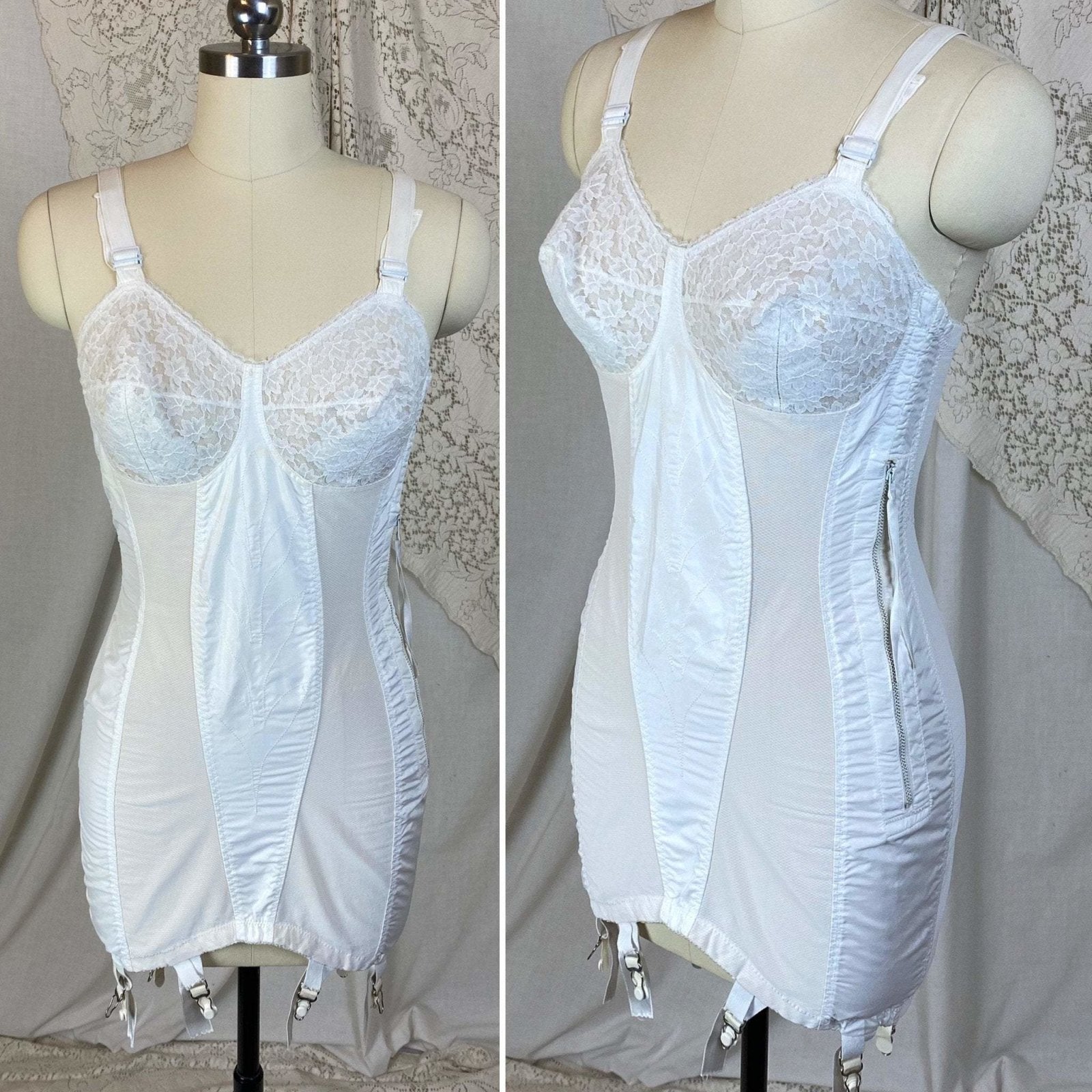 Vintage 1950's All in One Girdle | Bright White Embroidered Nylon Taffeta with Elastic Mesh & Lace | Size 34 C, 36 B | Life by Formfit - Daggers & Dames
