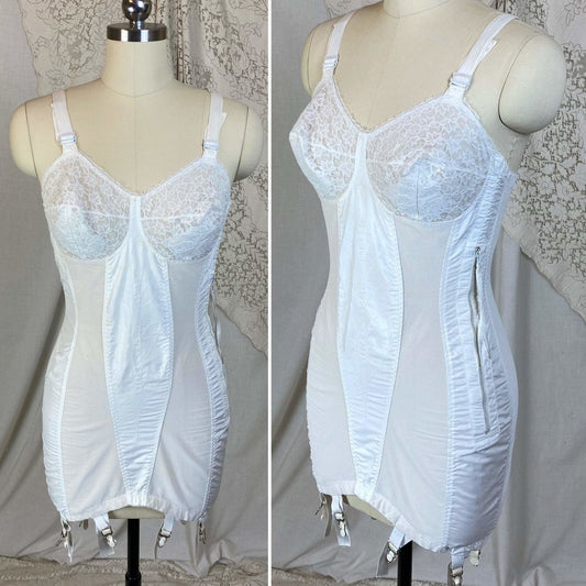 Vintage 1950's All in One Girdle | Bright White Embroidered Nylon Taffeta with Elastic Mesh & Lace | Size 34 C, 36 B | Life by Formfit - Daggers & Dames