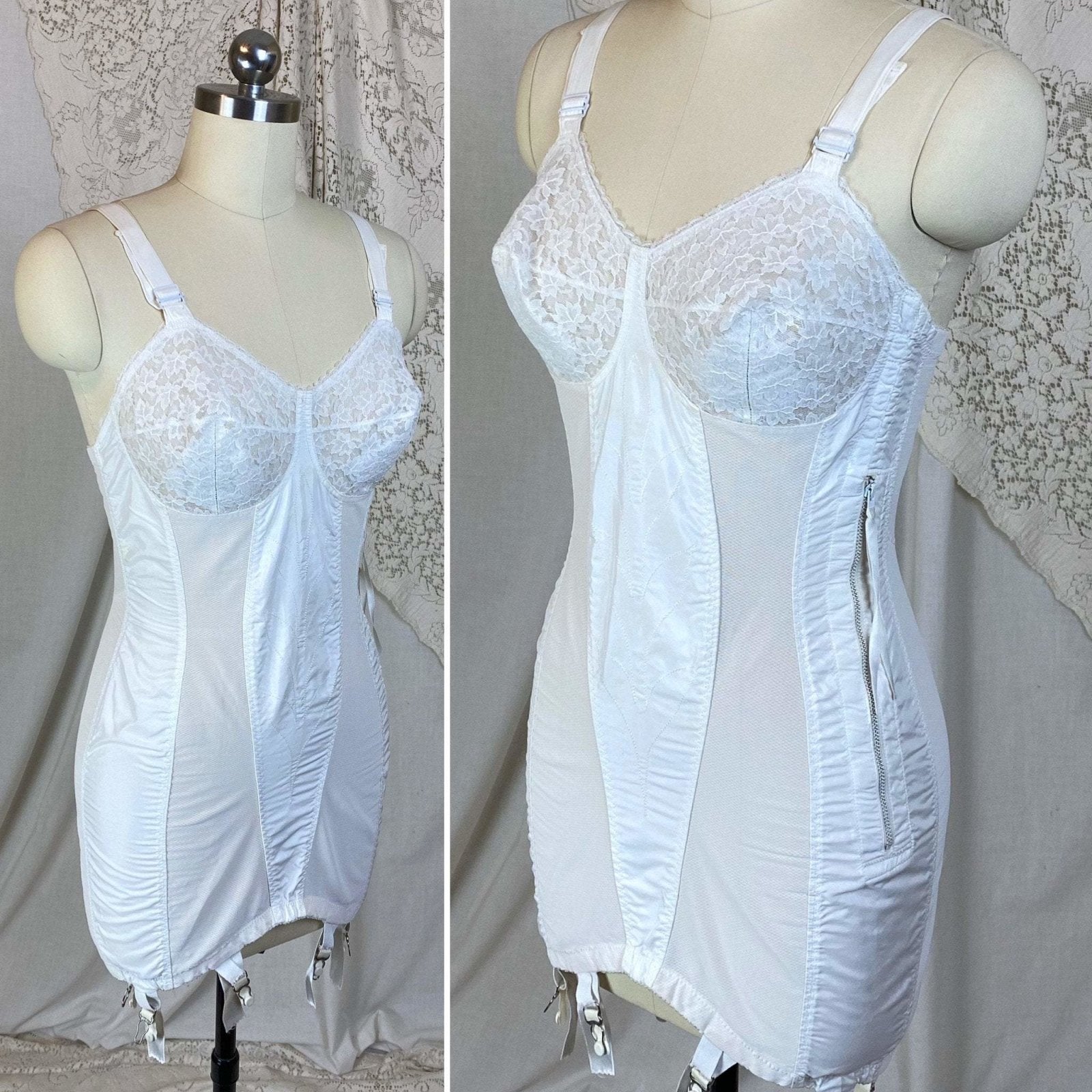 Vintage 1950's All in One Girdle | Bright White Embroidered Nylon Taffeta with Elastic Mesh & Lace | Size 34 C, 36 B | Life by Formfit - Daggers & Dames