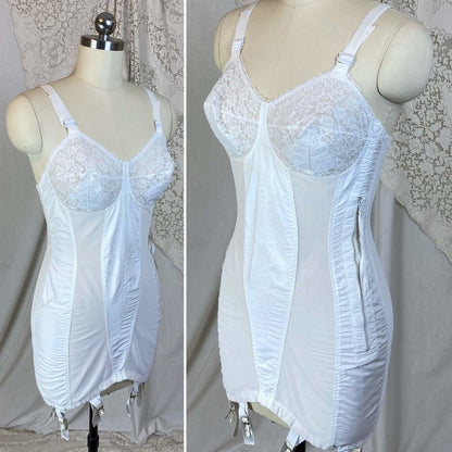 Vintage 1950's All in One Girdle | Bright White Embroidered Nylon Taffeta with Elastic Mesh & Lace | Size 34 C, 36 B | Life by Formfit - Daggers & Dames