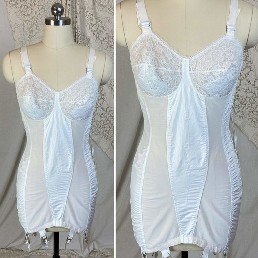 Vintage 1950's All in One Girdle | Bright White Embroidered Nylon Taffeta with Elastic Mesh & Lace | Size 34 C, 36 B | Life by Formfit - Daggers & Dames