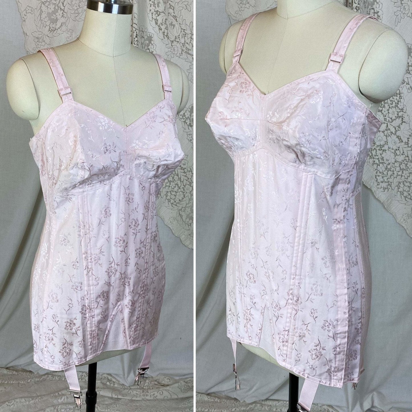 Vintage 1950's All in One Girdle | Light Rose Pink Cotton with Floral Satin Damask | Size 34 C, 36 B | Penny's Adonna -Never Worn - Daggers & Dames