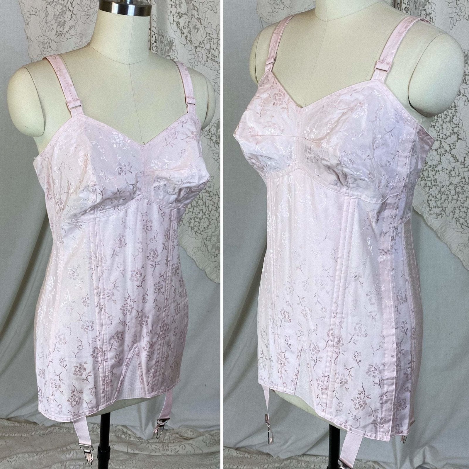 Vintage 1950's All in One Girdle | Light Rose Pink Cotton with Floral Satin Damask | Size 34 C, 36 B | Penny's Adonna -Never Worn - Daggers & Dames