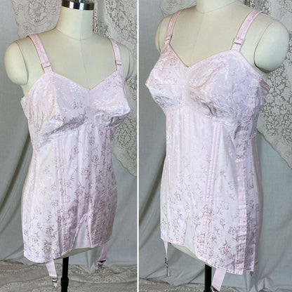 Vintage 1950's All in One Girdle | Light Rose Pink Cotton with Floral Satin Damask | Size 34 C, 36 B | Penny's Adonna -Never Worn - Daggers & Dames