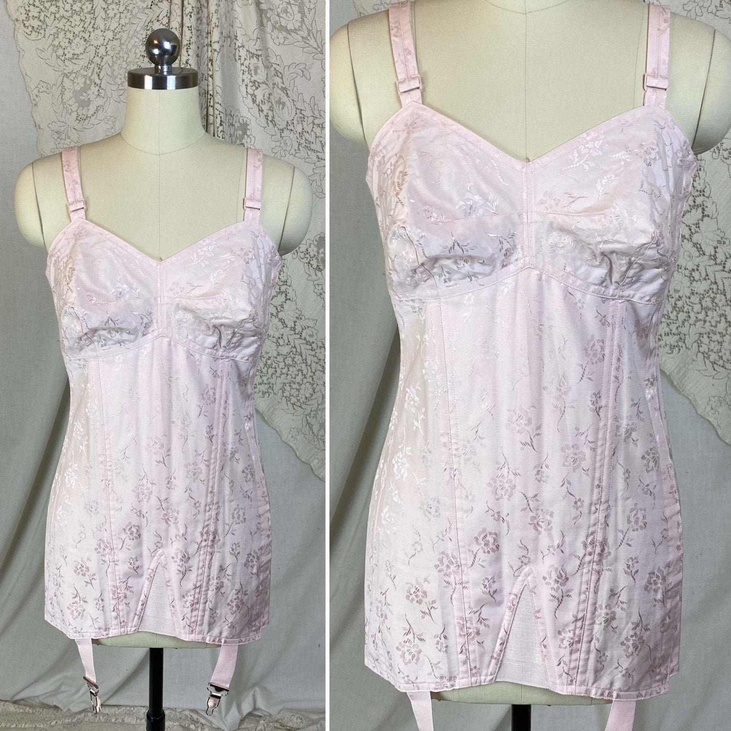 Vintage 1950's All in One Girdle | Light Rose Pink Cotton with Floral Satin Damask | Size 34 C, 36 B | Penny's Adonna -Never Worn - Daggers & Dames