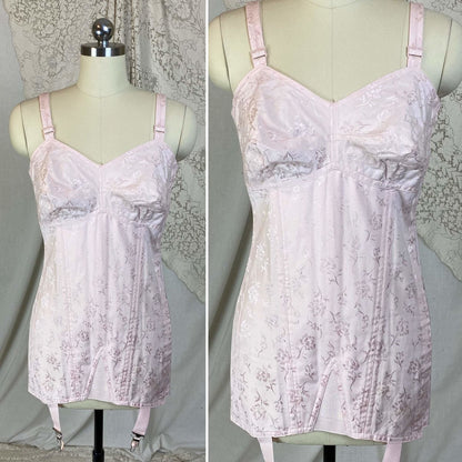 Vintage 1950's All in One Girdle | Light Rose Pink Cotton with Floral Satin Damask | Size 34 C, 36 B | Penny's Adonna -Never Worn - Daggers & Dames