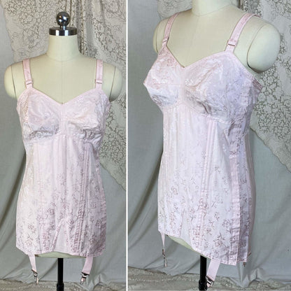 Vintage 1950's All in One Girdle | Light Rose Pink Cotton with Floral Satin Damask | Size 34 C, 36 B | Penny's Adonna -Never Worn - Daggers & Dames