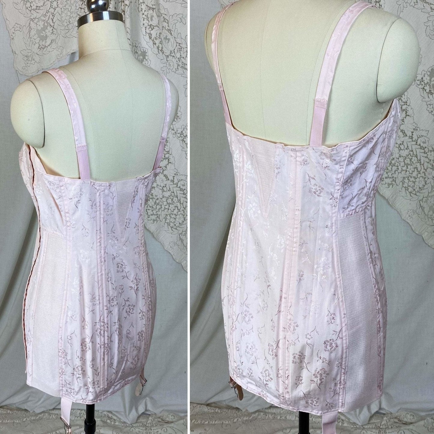 Vintage 1950's All in One Girdle | Light Rose Pink Cotton with Floral Satin Damask | Size 34 C, 36 B | Penny's Adonna -Never Worn - Daggers & Dames