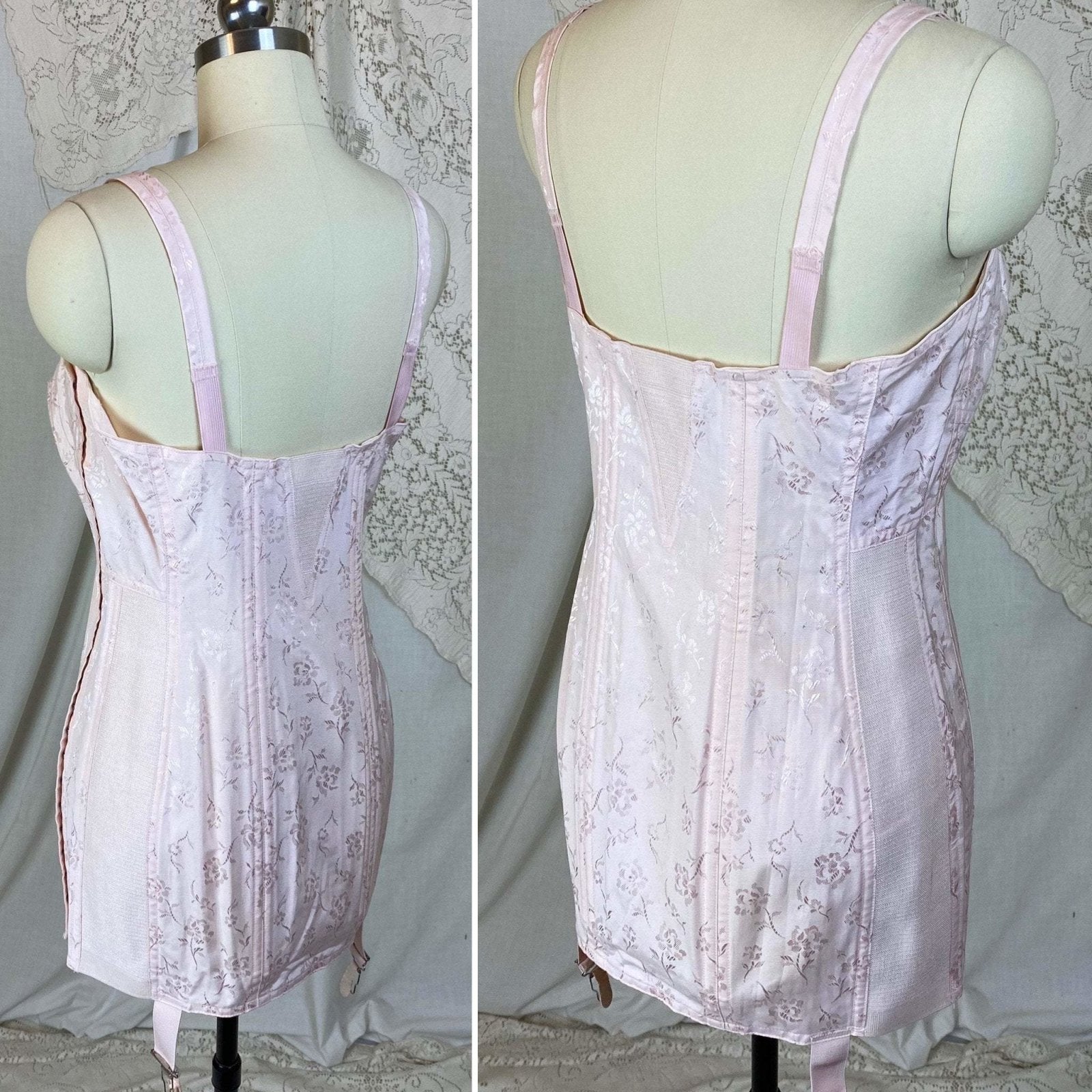 Vintage 1950's All in One Girdle | Light Rose Pink Cotton with Floral Satin Damask | Size 34 C, 36 B | Penny's Adonna -Never Worn - Daggers & Dames