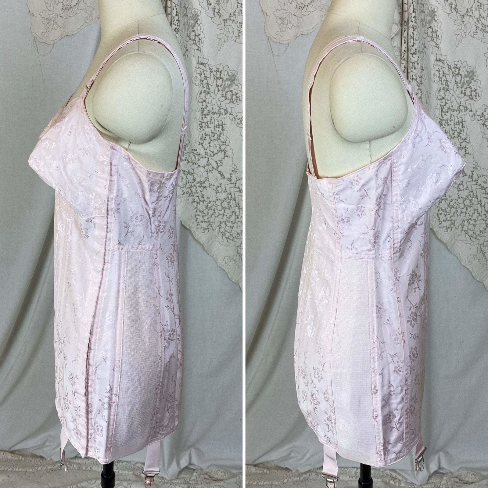 Vintage 1950's All in One Girdle | Light Rose Pink Cotton with Floral Satin Damask | Size 34 C, 36 B | Penny's Adonna -Never Worn - Daggers & Dames