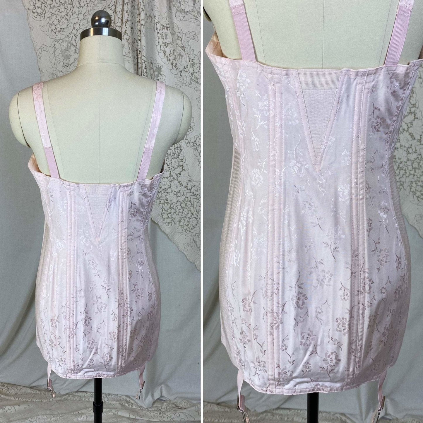 Vintage 1950's All in One Girdle | Light Rose Pink Cotton with Floral Satin Damask | Size 34 C, 36 B | Penny's Adonna -Never Worn - Daggers & Dames