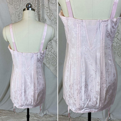 Vintage 1950's All in One Girdle | Light Rose Pink Cotton with Floral Satin Damask | Size 34 C, 36 B | Penny's Adonna -Never Worn - Daggers & Dames