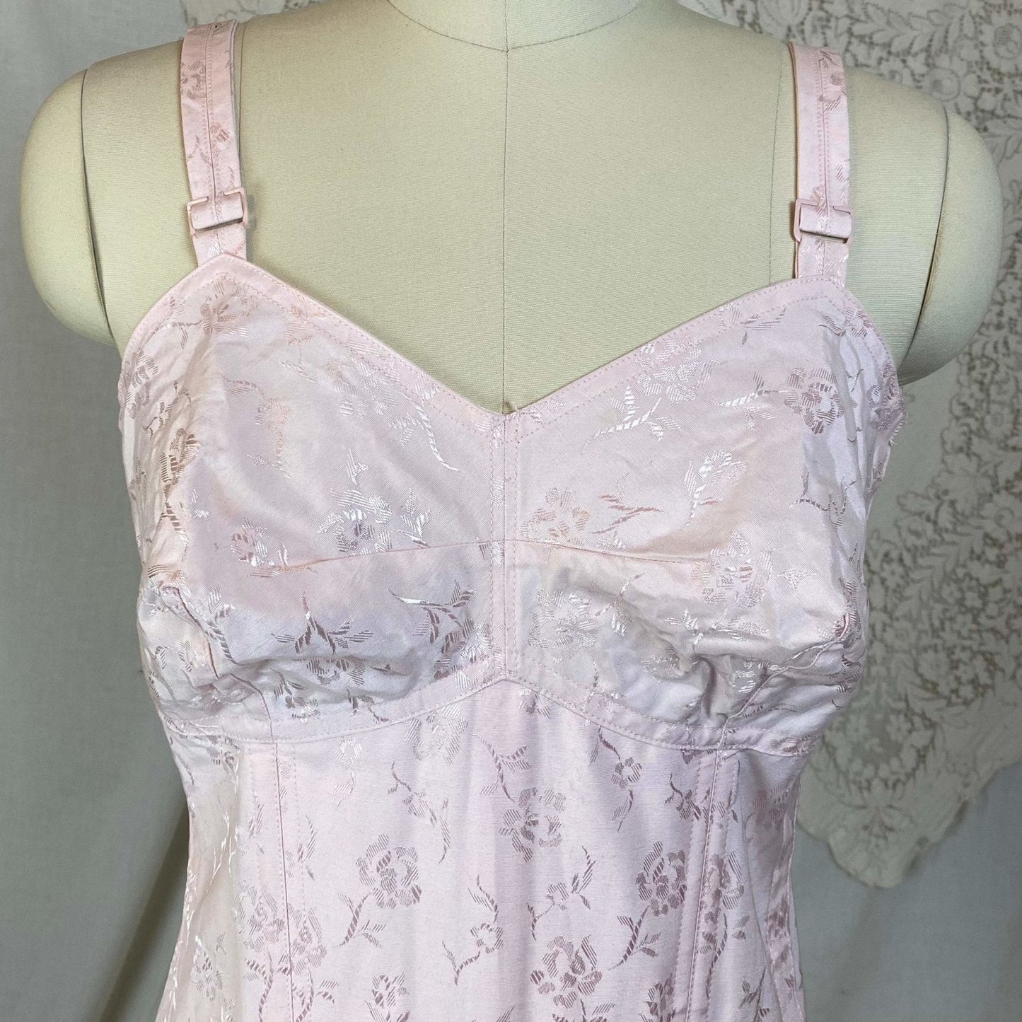 Vintage 1950's All in One Girdle | Light Rose Pink Cotton with Floral Satin Damask | Size 34 C, 36 B | Penny's Adonna -Never Worn - Daggers & Dames