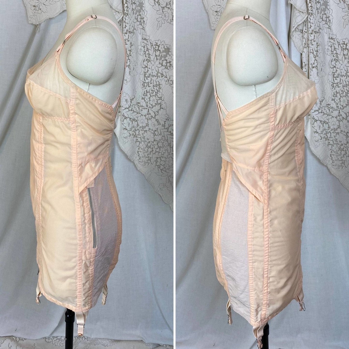 Vintage 1950's All in One Girdle | Pale Peach Nylon with Chiffon & Pull-Back Rear Clasp | Size 34 C, 36 B - Daggers & Dames