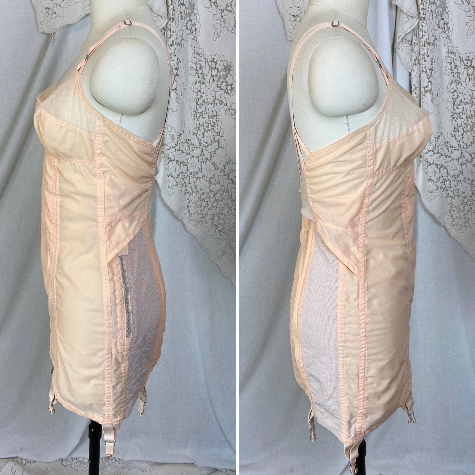 Vintage 1950's All in One Girdle | Pale Peach Nylon with Chiffon & Pull-Back Rear Clasp | Size 34 C, 36 B - Daggers & Dames