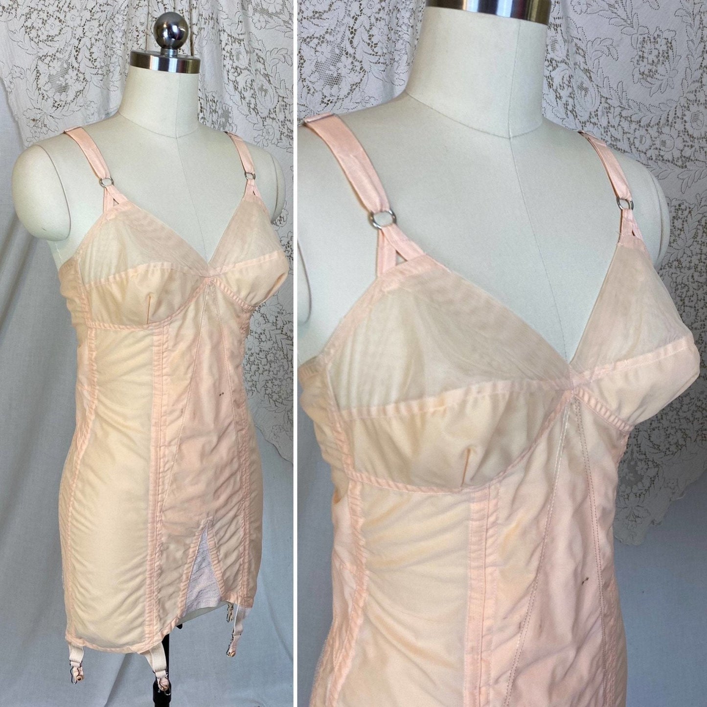 Vintage 1950's All in One Girdle | Pale Peach Nylon with Chiffon & Pull-Back Rear Clasp | Size 34 C, 36 B - Daggers & Dames