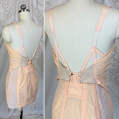 Vintage 1950's All in One Girdle | Pale Peach Nylon with Chiffon & Pull-Back Rear Clasp | Size 34 C, 36 B - Daggers & Dames