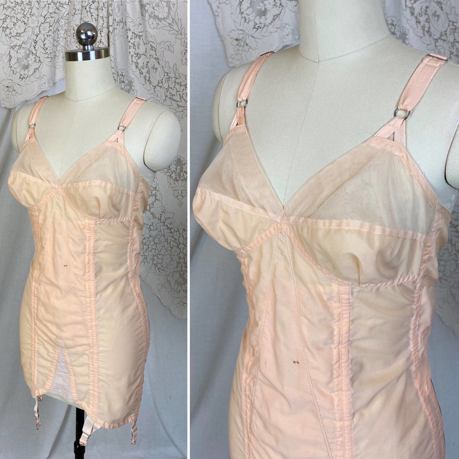 Vintage 1950's All in One Girdle | Pale Peach Nylon with Chiffon & Pull-Back Rear Clasp | Size 34 C, 36 B - Daggers & Dames