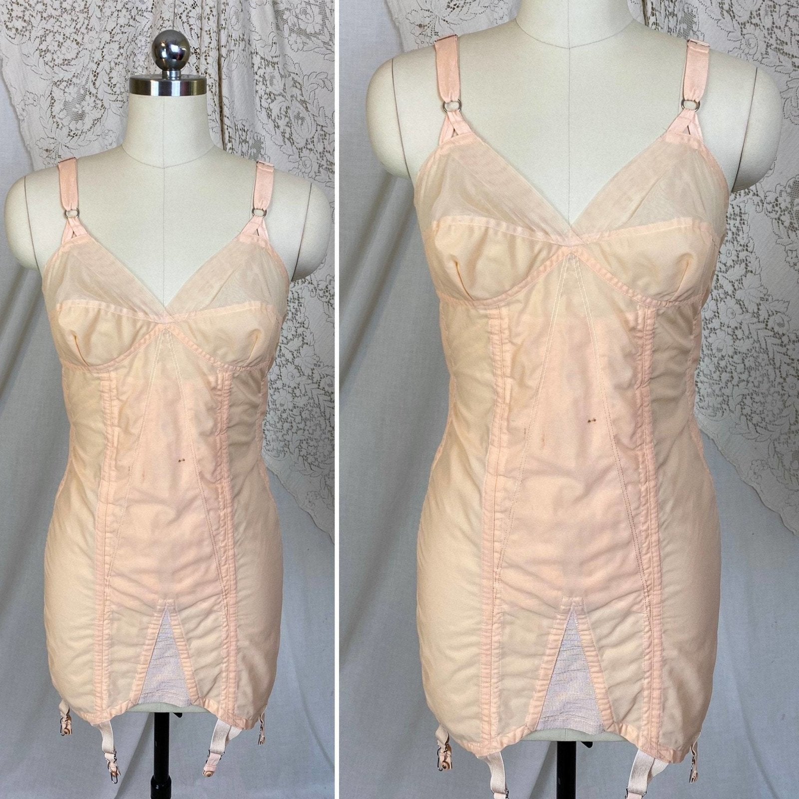 Vintage 1950's All in One Girdle | Pale Peach Nylon with Chiffon & Pull-Back Rear Clasp | Size 34 C, 36 B - Daggers & Dames