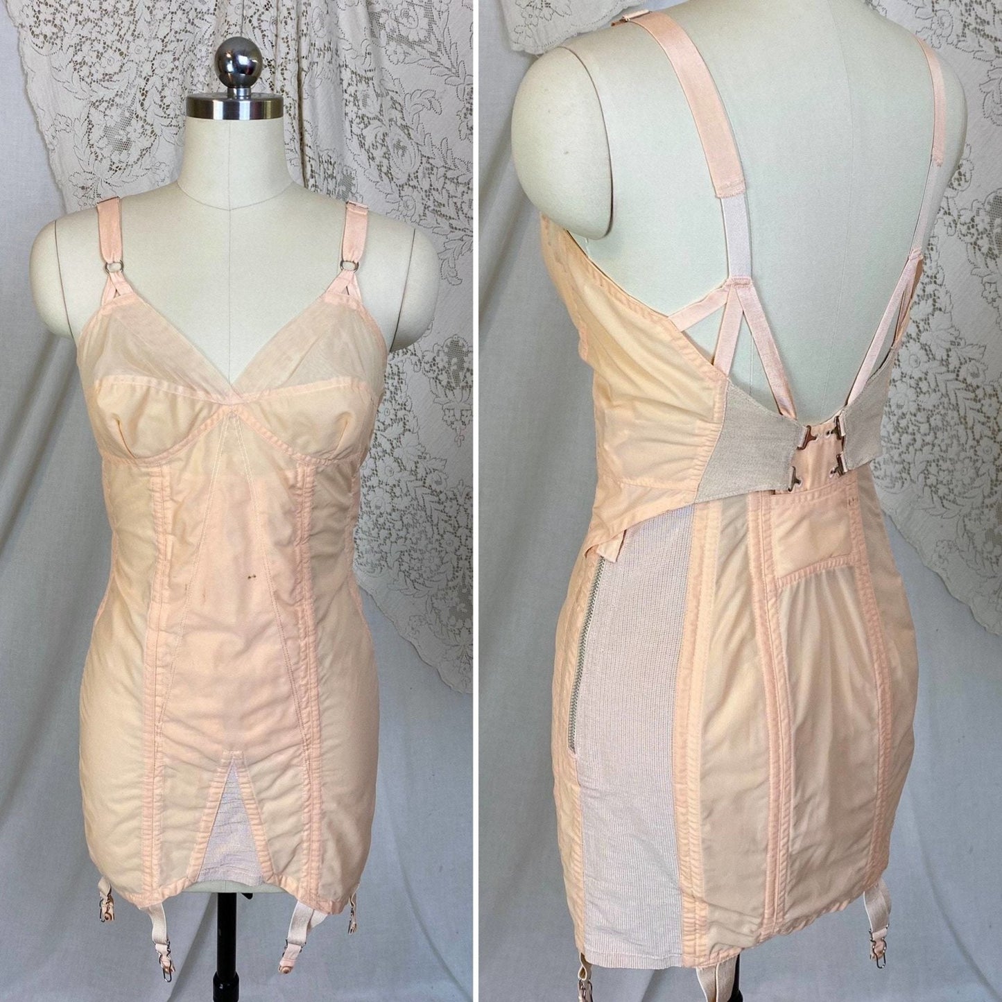 Vintage 1950's All in One Girdle | Pale Peach Nylon with Chiffon & Pull-Back Rear Clasp | Size 34 C, 36 B - Daggers & Dames