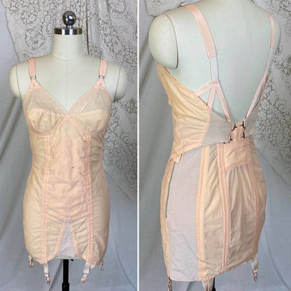 Vintage 1950's All in One Girdle | Pale Peach Nylon with Chiffon & Pull-Back Rear Clasp | Size 34 C, 36 B - Daggers & Dames
