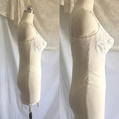 Vintage 1950's All in One Girdle | White Nylon Lace | 6 Ribbon Covered Garters | JACQUES HEIM for Carol Brent | Bridal Lingerie | Size 36 D - Daggers & Dames