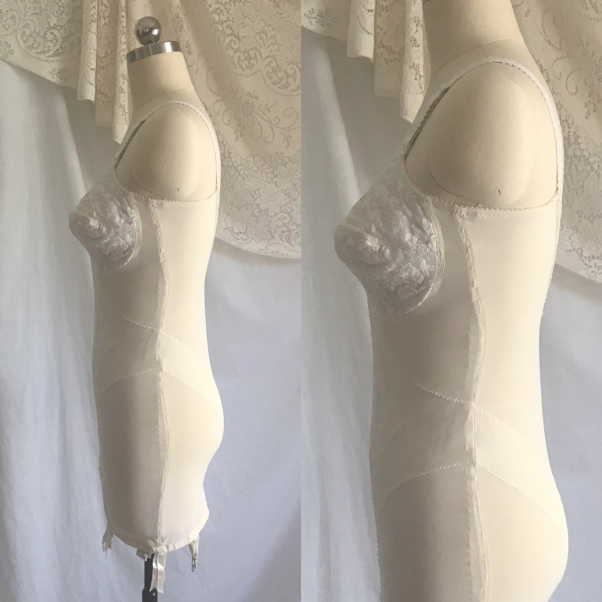 Vintage 1950's All in One Girdle | White Nylon Lace | 6 Ribbon Covered Garters | JACQUES HEIM for Carol Brent | Bridal Lingerie | Size 36 D - Daggers & Dames