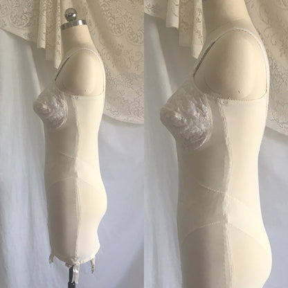 Vintage 1950's All in One Girdle | White Nylon Lace | 6 Ribbon Covered Garters | JACQUES HEIM for Carol Brent | Bridal Lingerie | Size 36 D - Daggers & Dames