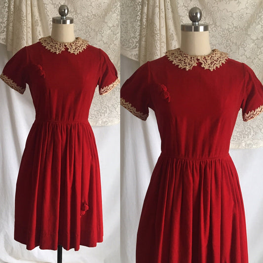 Vintage 1950's Babydoll Dress | Red Velour with Lace Collar | Best & Co, Fifth Ave. New York | Size S - Daggers & Dames