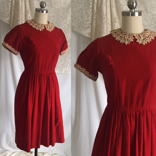 Vintage 1950's Babydoll Dress | Red Velour with Lace Collar | Best & Co, Fifth Ave. New York | Size S - Daggers & Dames