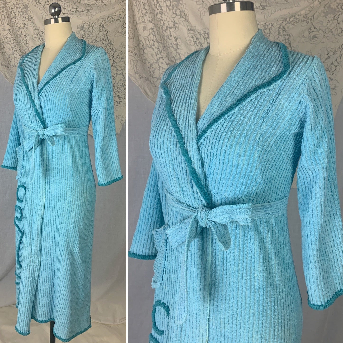 Vintage 1950's Bathrobe | Sky Blue Candlewick Chenille with Cerulean Floral Swirl Tufts | Size XS Petite - Daggers & Dames