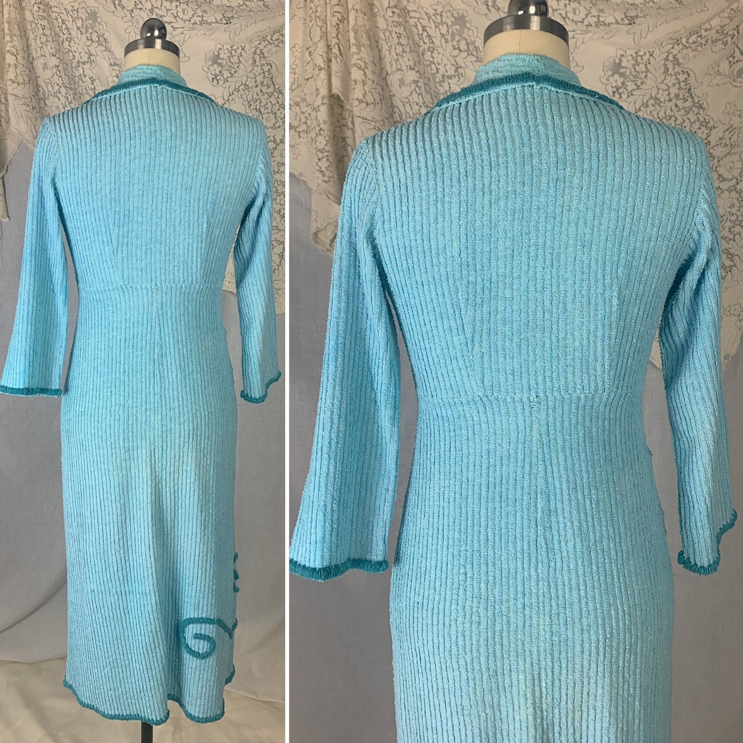 Vintage 1950's Bathrobe | Sky Blue Candlewick Chenille with Cerulean Floral Swirl Tufts | Size XS Petite - Daggers & Dames