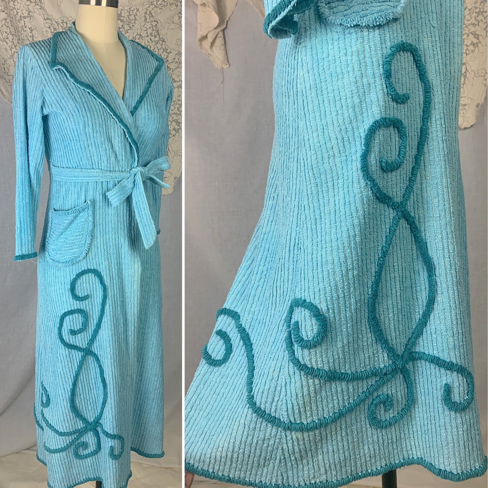 Vintage 1950's Bathrobe | Sky Blue Candlewick Chenille with Cerulean Floral Swirl Tufts | Size XS Petite - Daggers & Dames