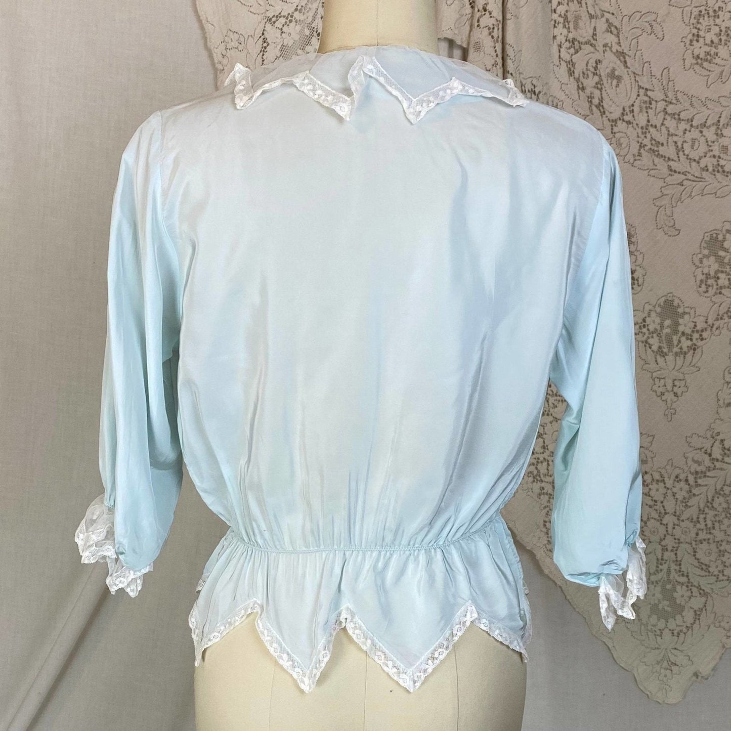 Vintage 1950's Bed Jacket | Pale Powder Blue Rayon with White Lace & Scalloped Hem | Size XS, S | Artemis - Daggers & Dames