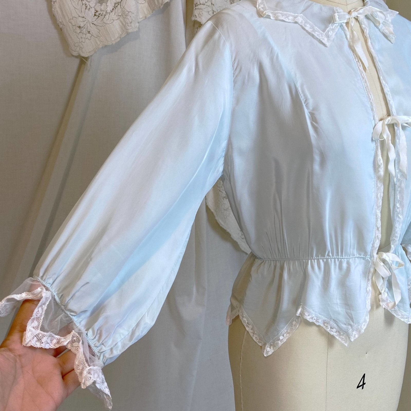 Vintage 1950's Bed Jacket | Pale Powder Blue Rayon with White Lace & Scalloped Hem | Size XS, S | Artemis - Daggers & Dames