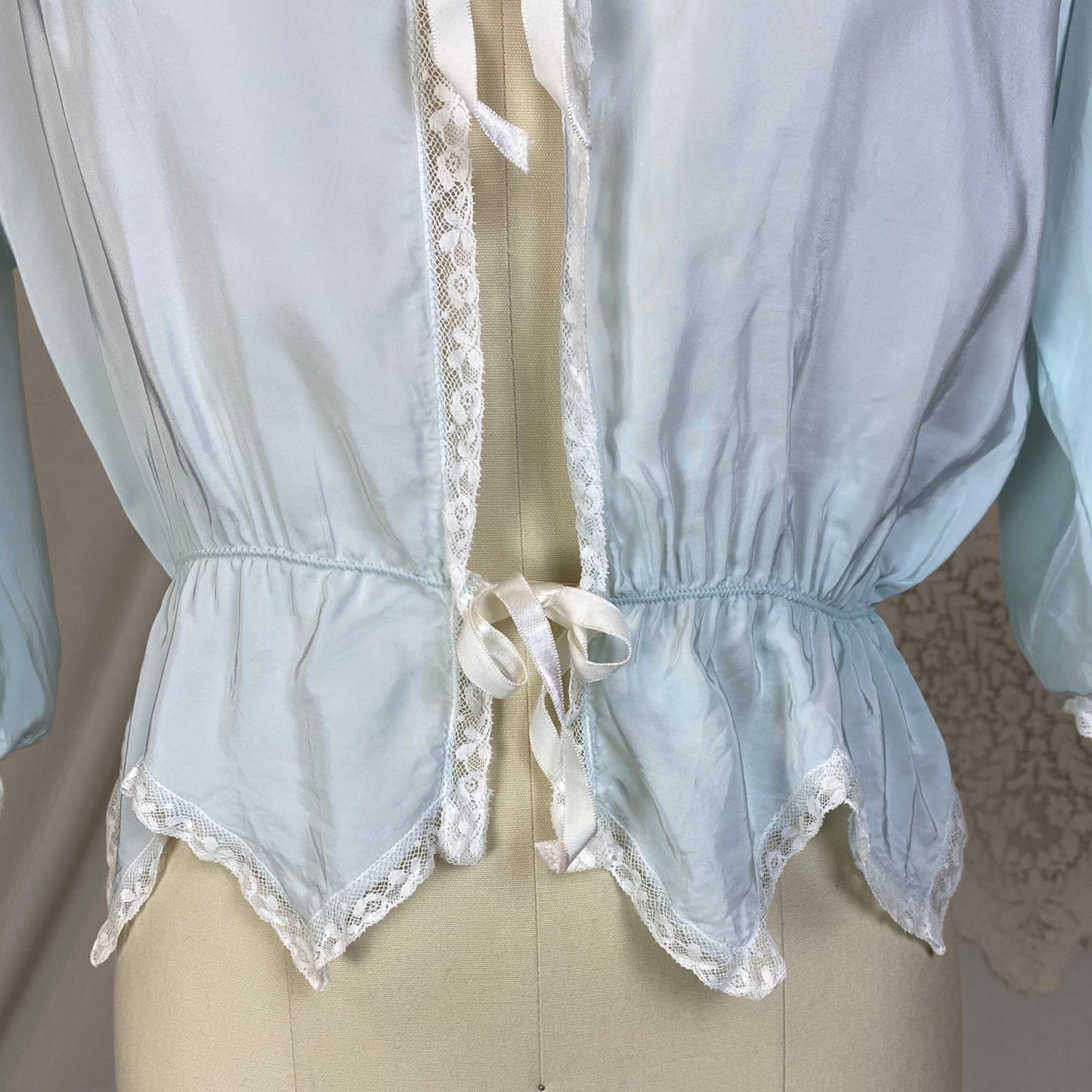 Vintage 1950's Bed Jacket | Pale Powder Blue Rayon with White Lace & Scalloped Hem | Size XS, S | Artemis - Daggers & Dames