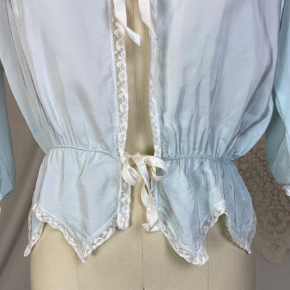 Vintage 1950's Bed Jacket | Pale Powder Blue Rayon with White Lace & Scalloped Hem | Size XS, S | Artemis - Daggers & Dames